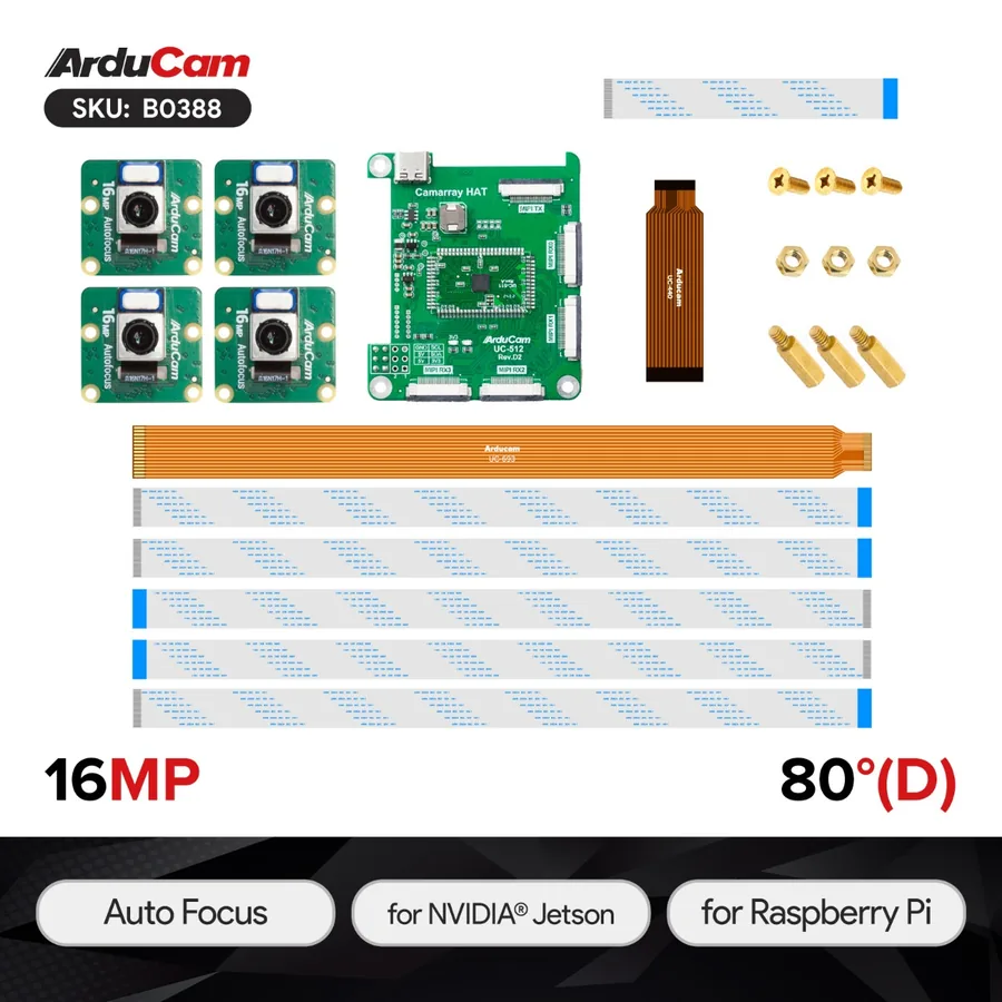 B0388 16MP IMX519 Autofocus Synchronized Quad-Camera Kit for Raspberry Pi, NVIDIA® Jetson AGX Orin/Orin Nano/Orin NX