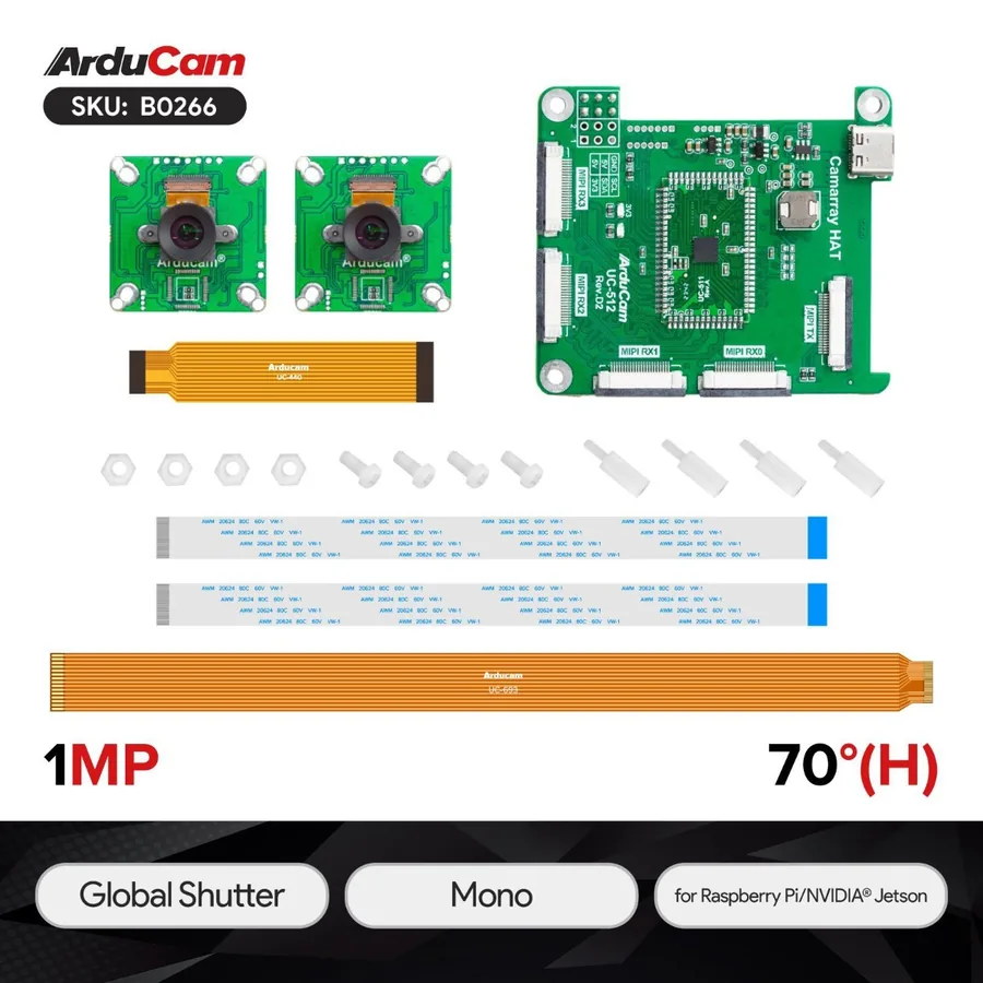 B0266 1MP*2 OV9281 Global Shutter Monochrome Stereoscopic Camera Bundle Kit for Raspberry Pi, NVIDIA® Jetson AGX Orin/Orin Nano/Orin NX