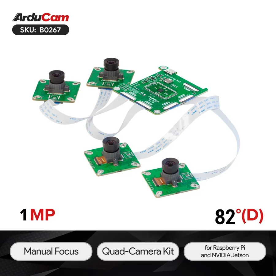 B0267 1MP*4 Quadrascopic OV9281 Global Shutter Monochrome Camera Bundle Kit for Raspberry Pi, NVIDIA® Jetson AGX Orin/Orin Nano/Orin NX