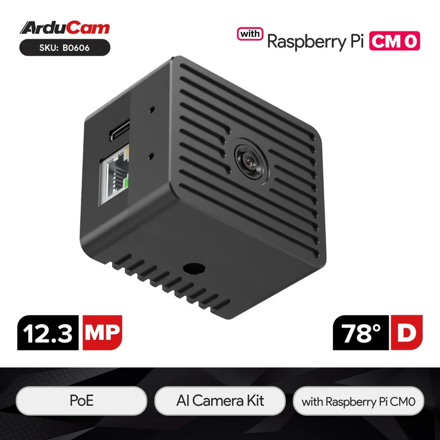 B0606 All-in-one Raspberry Pi AI Camera Kit with CM0 inside, PoE & USB Power, Compact & Versatile, Arducam qb