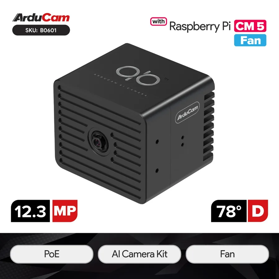 B0601 All-in-one Raspberry Pi AI Camera Kit with CM5 inside, PoE & USB Power, Integrated Fan Cooler, Arducam qb