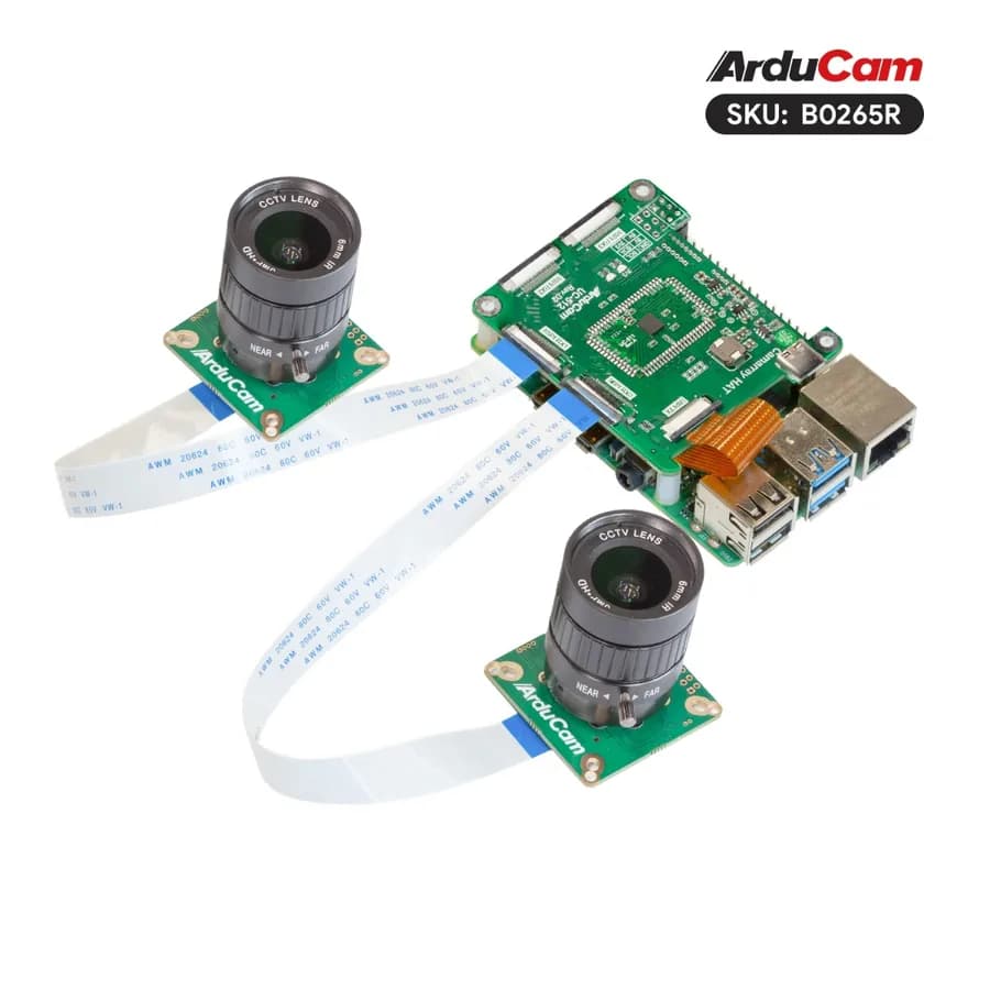 B0265R Arducam 12MP*2 Synchronized Stereo Camera Bundle Kit for Raspberry Pi, Two 12.3MP 477P Camera Modules with CS Lens and Camarray Stereo Camera HAT