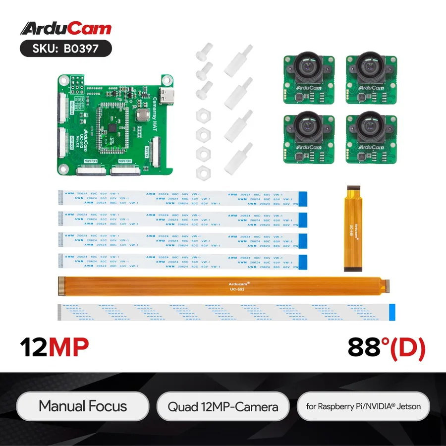 B0397 Arducam 12MP*4 477P Quadrascopic Camera Bundle Kit for Raspberry Pi, NVIDIA® Jetson AGX Orin/Orin Nano/Orin NX