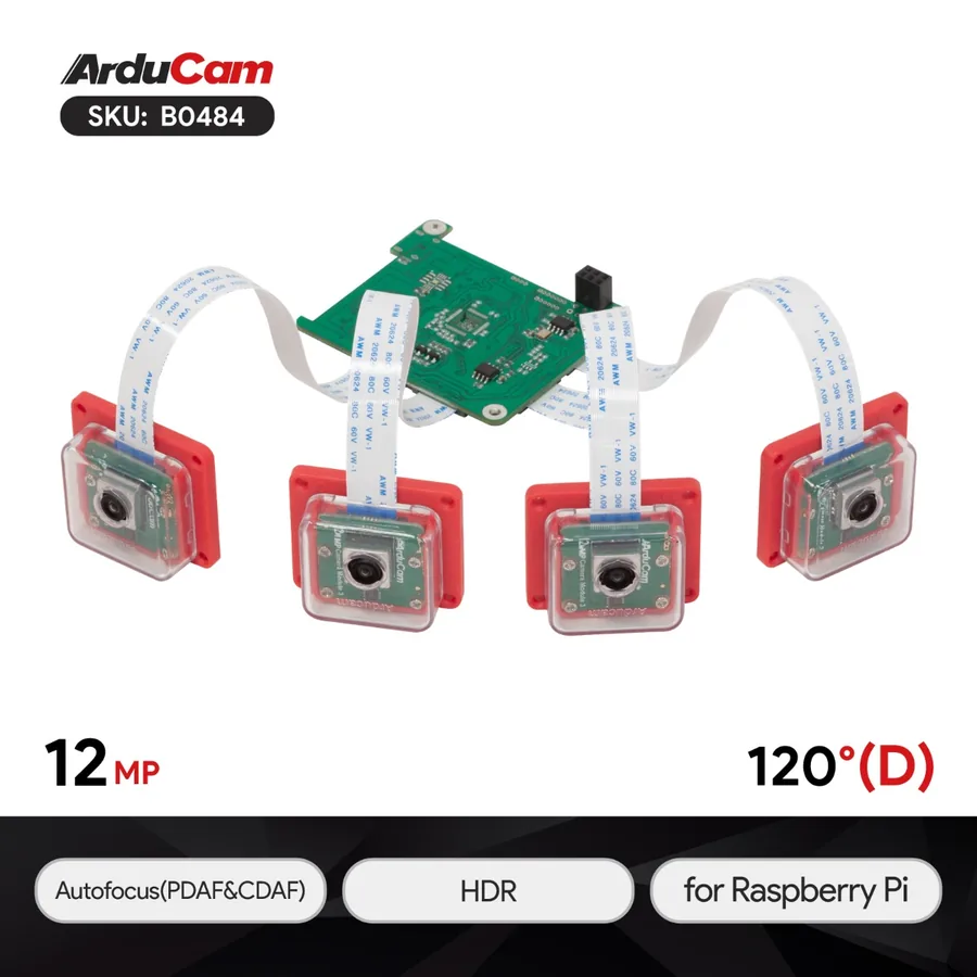 B0484 Arducam 12MP IMX708 Quad-Camera Kit, Wide Angle Stereo Synchronized Camera Module for Raspberry Pi
