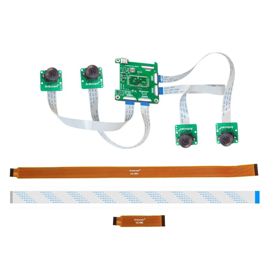 B0331 Arducam 1MP*4 Quadrascopic Camera Bundle Kit for Raspberry Pi, NVIDIA® Jetson AGX Orin/Orin Nano/Orin NX , Four OV9782 Global Shutter Color Camera Modules and Camarray Camera HAT