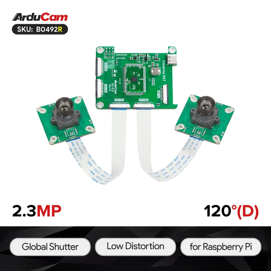 B0492R Arducam 2.3MP*2 AR0234 Color Global Shutter Synchronized Stereo Camera Bundle Kit for Raspberry Pi
