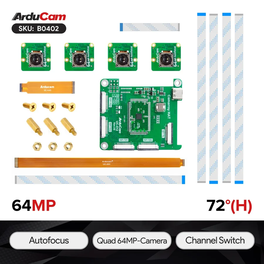 B0402 Arducam 64MP Autofocus Quad-Camera Kit for Raspberry Pi