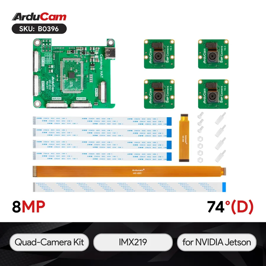 B0396 Arducam 8MP*4 IMX219 Quadrascopic Camera Bundle Kit for Raspberry Pi, NVIDIA® Jetson AGX Orin/Orin Nano/Orin NX