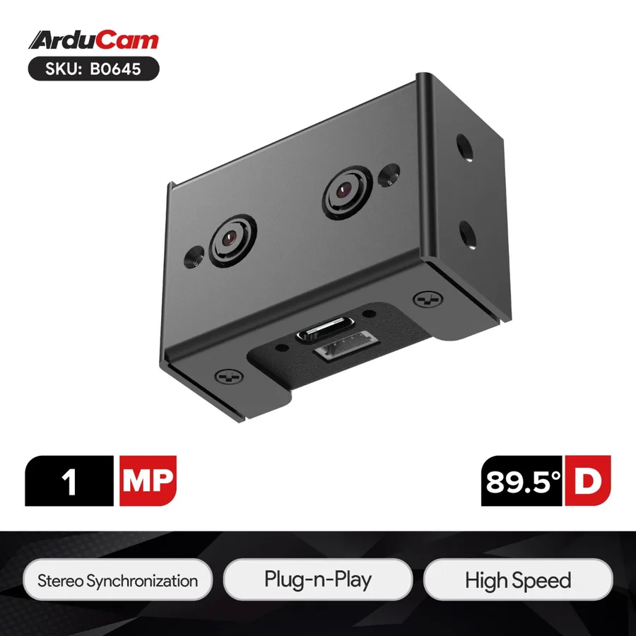 B0645 Arducam RoAD.B 1MP Color Global Shutter Synchronized Stereo Camera - 20mm Short Baseline USB2 Kit with Enclosure